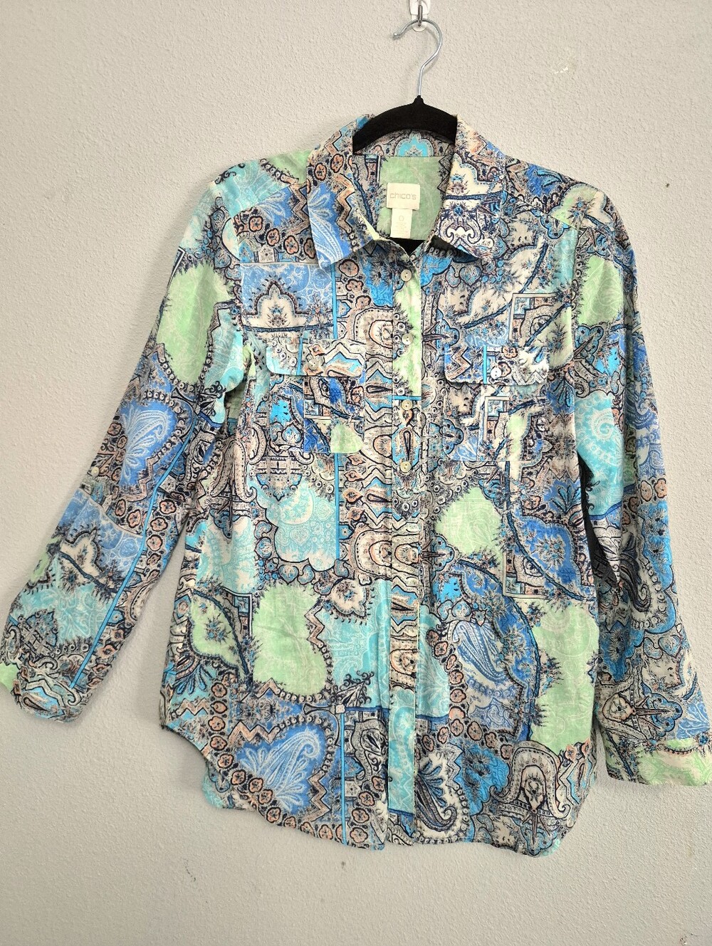 Chico's Cotton Boho Multi Print Button Down Shirt Blouse Size 0 Or Small